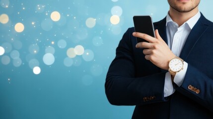 A dapper executive uses social media, blending style and technology under bright daylight for a modern, chic vibe.