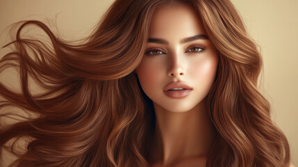 A woman with long brown hair and a nice smile. She has a nice face and is well groomed