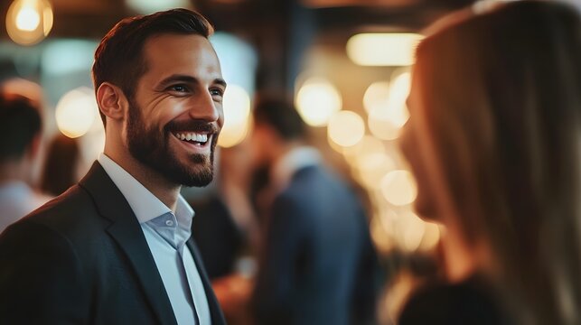 A man in a suit smiling at a woman, with a blurred background