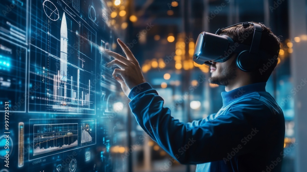 Aufkleber A man wearing a VR headset reaches out with his hand to interact with a digital interface that shows various data, charts, and a rocket design.