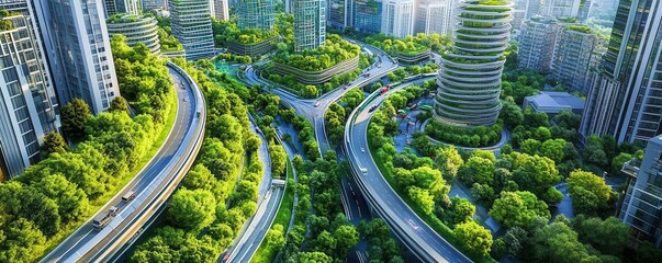 Fototapeta premium A city built around a circular economy, with shared resources, waste reduction systems, and sustainable public transport, circular city design, green urban future