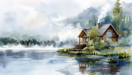 Fototapeta premium A serene cabin by a calm lake, surrounded by misty mountains and lush greenery, capturing the tranquility of nature.