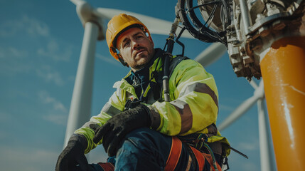 A focused worker in safety gear on a wind turbine site, showcasing dedication and professionalism in renewable energy.