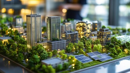 Obraz premium Urban planners working on a low-carbon city model with renewable energy grids and carbon-neutral buildings, low-carbon city, sustainable urban planning