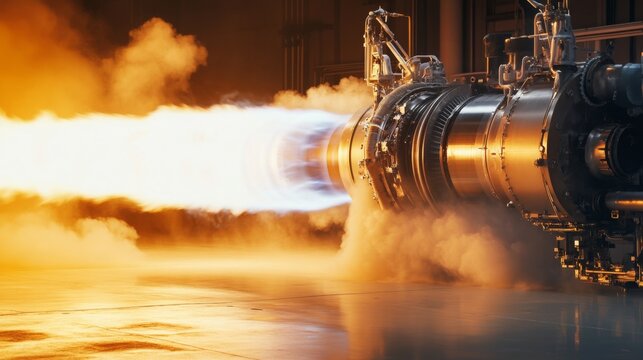 A jet engine is being tested, emitting a fiery exhaust and clouds of vapor. The powerful thrust showcases engineering precision in an industrial testing environment.