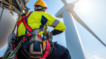 A wind turbine technician inspects a turbine, showcasing the importance of renewable energy and safety in wind energy.