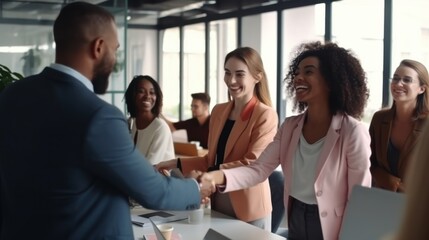 Fototapeta premium A group of diverse business professionals shakes hands and smiles, symbolizing cooperation and harmony in a modern office setting.