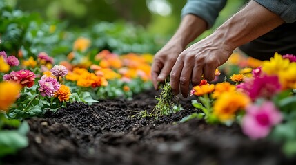 Fototapeta premium A gardener pulling weeds by hand from a bed of blooming flowers, the soil dark and rich, vibrant petals providing a vivid contrast, natural sunlight casting a warm glow on the garden scene.