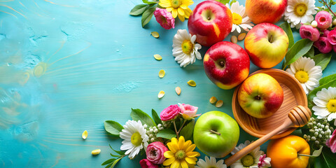 Colorful of a Shana Tova greeting card with apples and flowers for Rosh Hashanah celebration