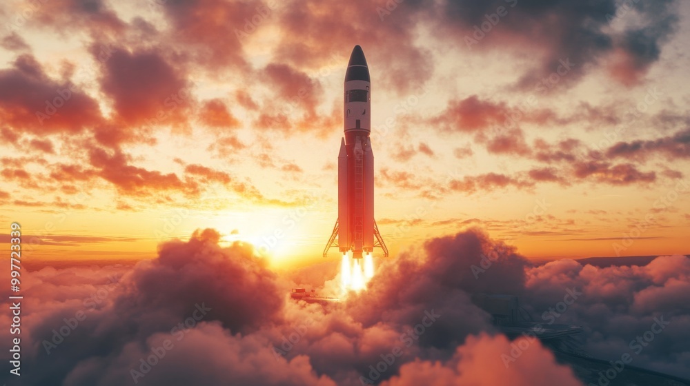 Poster a rocket ascends from the launchpad at sunset, surrounded by colorful clouds and bright streaks of l