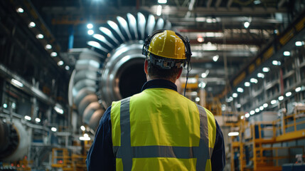A worker inspects a large industrial turbine in a manufacturing facility, showcasing safety gear and attention to detail.