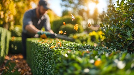 A gardener trimming hedges with electric shears, perfect straight lines forming as leaves fall gently to the ground, the bright afternoon sun shining over a well-kept garden in the background.