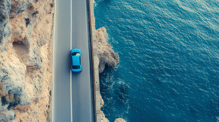 Aerial drone top view of blue car driving on bridge asphalt road above the sea or ocean water coast. 
