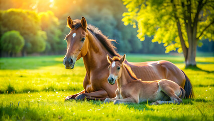 Obraz premium Young foal and mother horse resting on green lawn in morning light, foal, mother, horse, cute, family, lying, summer, meadow, green