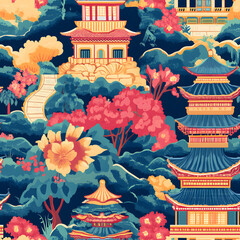 Obraz premium Chinese-inspired doodle tile seamless patterns in an illustrator graphic style