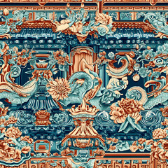 Obraz premium Chinese-inspired doodle tile seamless patterns in an illustrator graphic style