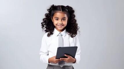 Smiling young girl with beautiful curls holding a tablet, dressed in a white shirt and grey tie, exuding confidence and intelligence against a plain backdrop.
