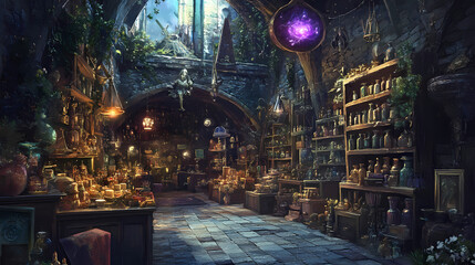A fantasy marketplace selling spells, magic items, and ancient relics. Fantasy Marketplace. Illustration