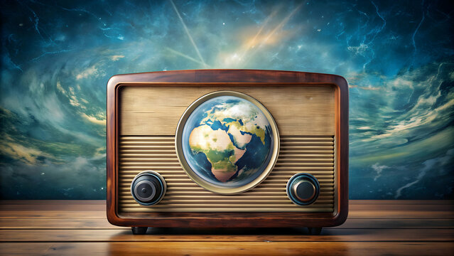 Vintage radio with planet earth for World Radio Day celebration, world radio day, vintage, retro, communication, broadcasting