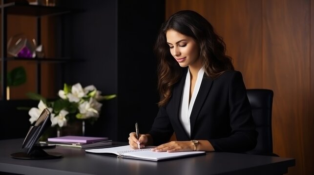 A pretty young woman in formal attire sits at a sleek desk, gracefully signing a contract, with elegant decor in the background.