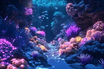 Obraz premium Vibrant 3D Underwater Scene with Bioluminescent Elements