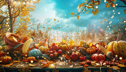 Naklejka premium Autumn Harvest with Pumpkins and Lights