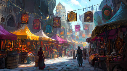 Naklejka premium A fantasy marketplace with enchanted deal signs floating above stalls, fantasy, illustration, vibrant colors. Fantasy Marketplace. Illustration