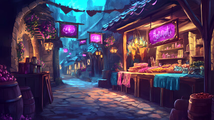A fantasy marketplace with enchanted deal signs floating above stalls, fantasy, illustration, vibrant colors. Fantasy Marketplace. Illustration