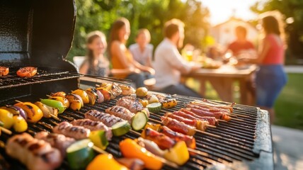 A family barbecue on a sunny Sunday afternoon, with delicious food on the grill and happy conversations, Sunday BBQ, family joy