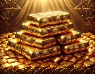 A close-up of gold bars stacked neatly, reflecting light in a luxurious display, gold bars, wealth and luxury