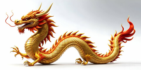 Fototapeta premium Gold dragon with a red head and a long tail, fantasy, mythical creature, dragon, scales, majestic, creature, fire-breathing
