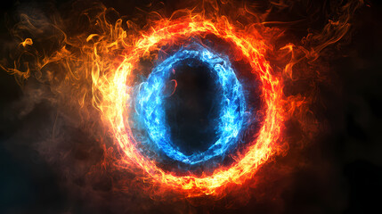 Fototapeta premium A glowing colorful ring of fire on black background, with the letter o in center, red and blue flames swirling around it, creating an enchanting atmosphere. Fire Elemental. Illustration