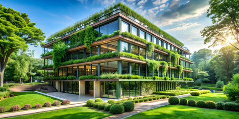 Eco-friendly building surrounded by lush green trees and sustainable landscaping , sustainable