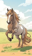 Obraz premium A brown horse is running through a field with a blue sky in the background