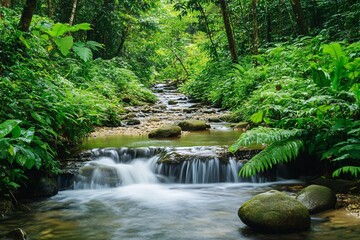 Obraz premium Serene Stream Flowing Through Lush Forest Landscape