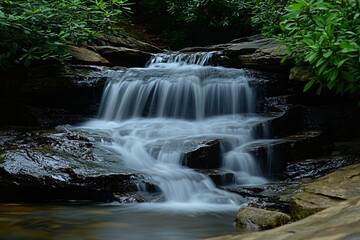 Fototapeta premium Serene Waterfall Cascading Over Smooth Rocks