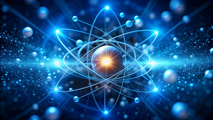Electric blue atom surrounded by particles in macro photography , science, technology, abstract, chemistry, molecular