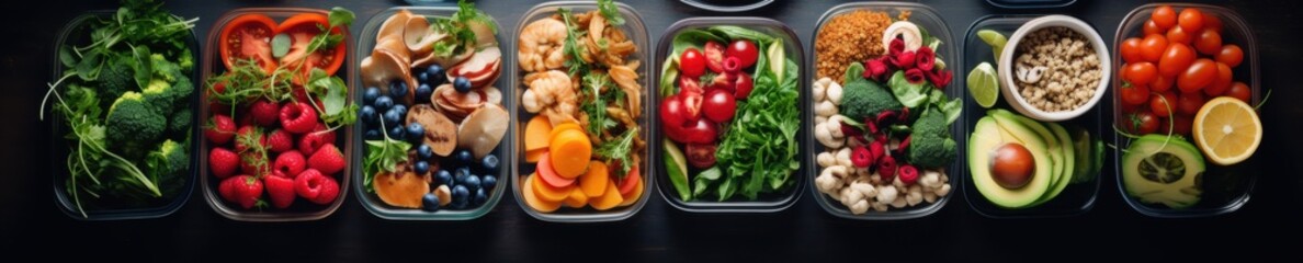 A colorful assortment of fresh, healthy dishes and ingredients neatly organized in containers, showcasing a commitment to a healthy diet.
