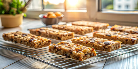 Freshly baked granola bars cooling on a rack by sunny window, granola bars, freshly baked, cooling, rack, sunny, window