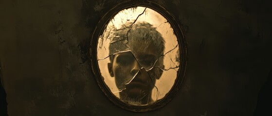 A cracked mirror reflects a shadowy figure, evoking themes of distortion, introspection, and vulnerability in a haunting atmosphere.