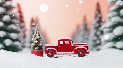 A festive red New Year's truck on a snow-covered road, surrounded by snow-covered trees, evokes a warm, nostalgic holiday spirit.