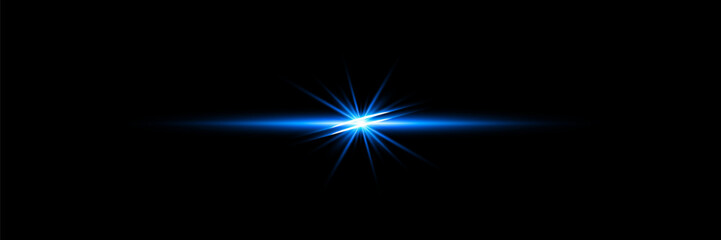 Light blue effect reflections, neon illumination in blue colors. Bright light lens. Police light effects, lines. Shiny stars, glowing sparks on a black background. Vector red light effect