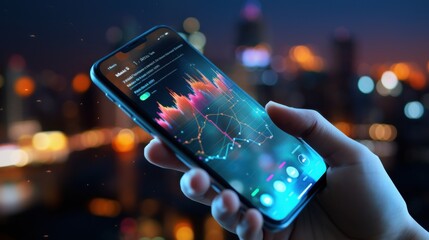 A smartphone screen brightly lit, displaying colorful data graphs in the foreground of a vibrant cityscape at night, symbolizing technology and connectivity.