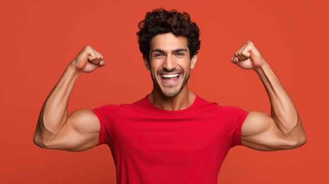 A cheerful young man in a red shirt proudly flexes his muscles against an orange background, exuding confidence and enthusiasm.