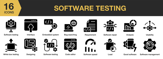 Software System solid icon set. Includes interface, load, management, repair, speed, usability, and More. Solid icons vector collection.