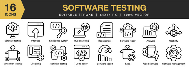 Software Testing icon set. Editable Stroke Icon Collection. Includes analysis, bug searching, code editor, designing, embedded system, and More. Outline icons vector collection.