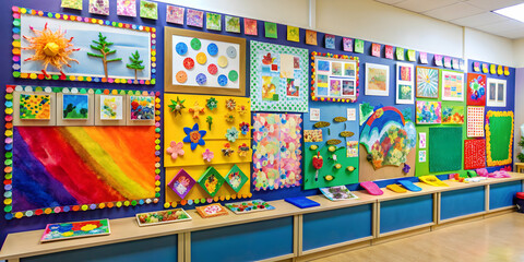 Obraz premium Colorful classroom bulletin board display with art projects , Bulletin board, colorful, classroom, display