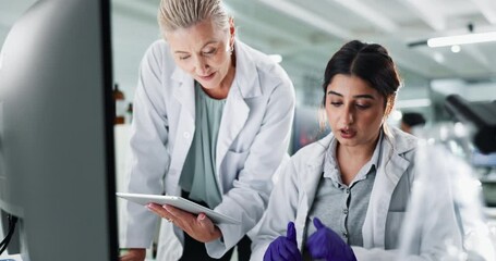 Teamwork, science and women with tablet for research, innovation or chemistry with lab assistant. Medical, scientist and collaboration on computer for exam, discussion and biotechnology with mentor