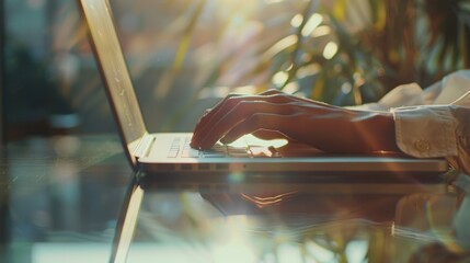 Close up of hands typing on a laptop in an office background