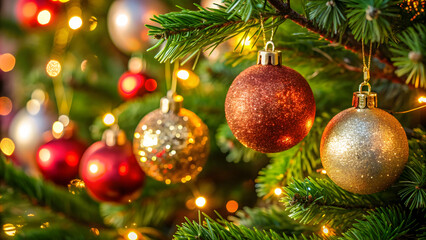Fototapeta premium Close-up of glittering Christmas ornaments on a tree , Christmastime, festive, decoration, holiday, celebration, season